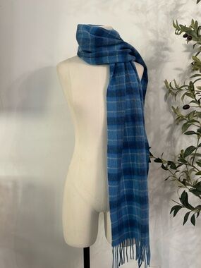 Celeste Blue Plaid Wool Cashmere Blend Fringe Scarf Soft Winter Wrap